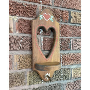 Vintage Wooden Heart Cut Out Wall Hanging Shelf with Peg Hand Painted Accents